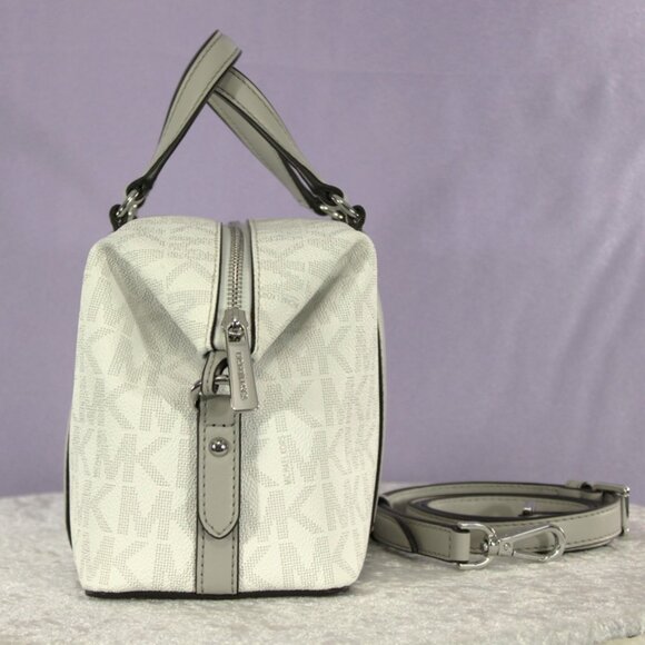 Michael Kors Small Satchel Crossbody White MK Logo Gray Trim NWOT - Picture 3 of 8